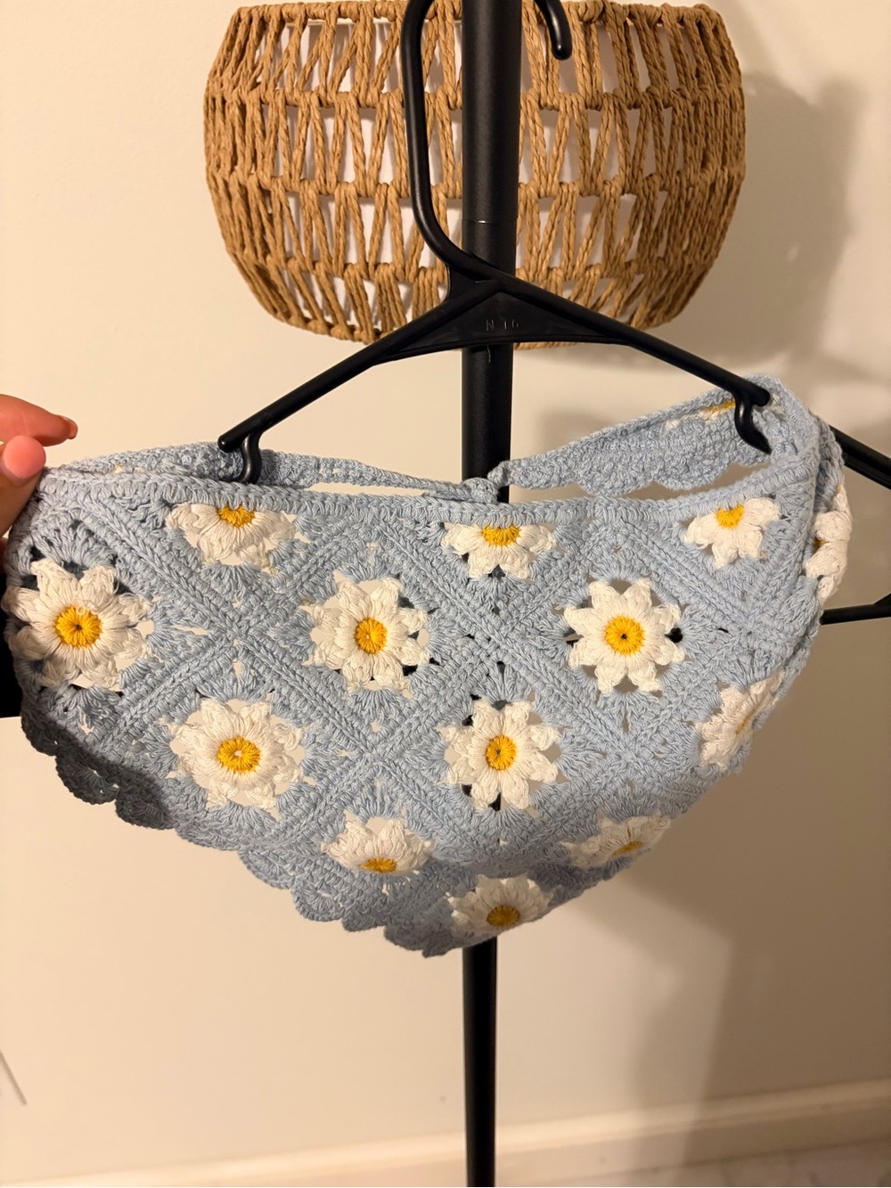 Light Blue Crochet Daisy Shoulder Bag with Yellow Centers